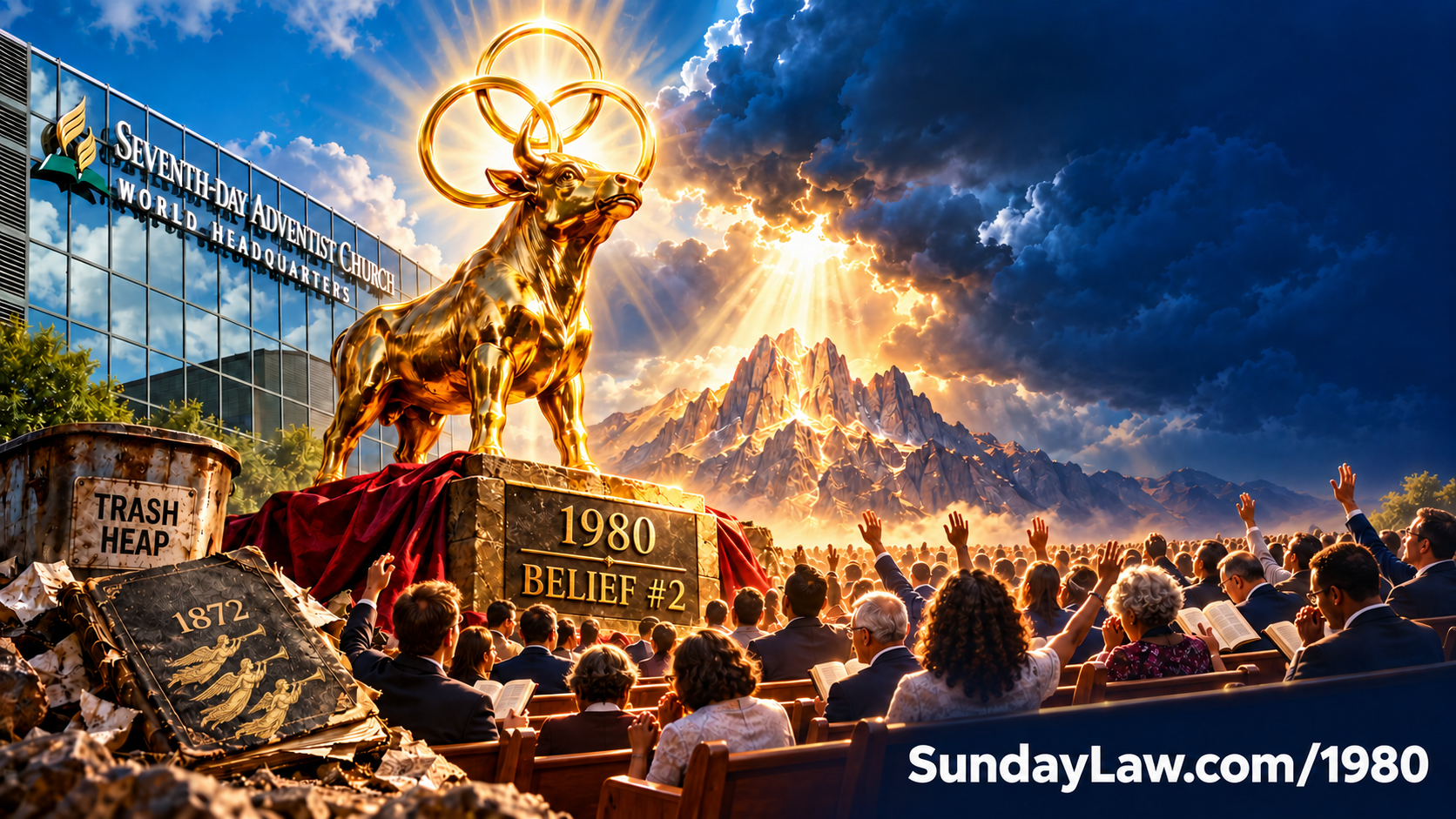 Editorial illustration of a congregation in church pews facing a golden calf labeled “1980 Belief #2,” with a 1872 booklet bearing three flying angels in the foreground and Mount Sinai behind it.