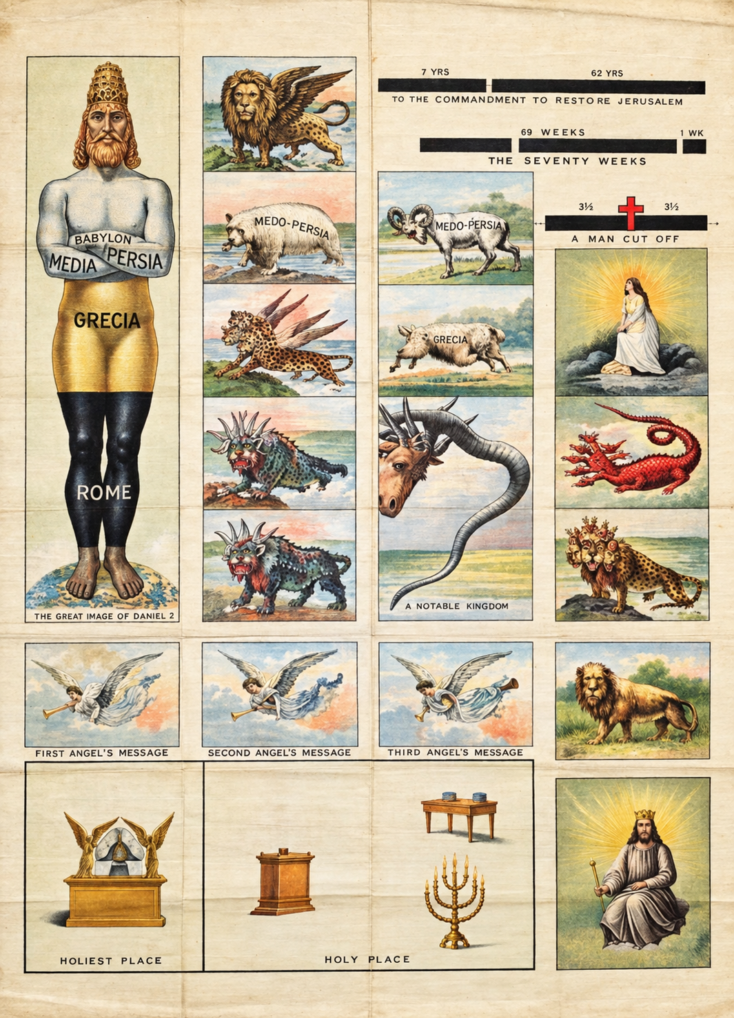 William Ward Simpson Daniel and Revelation prophecy chart showing the sanctuary, prophetic kingdoms, seventy weeks, and three angels' messages